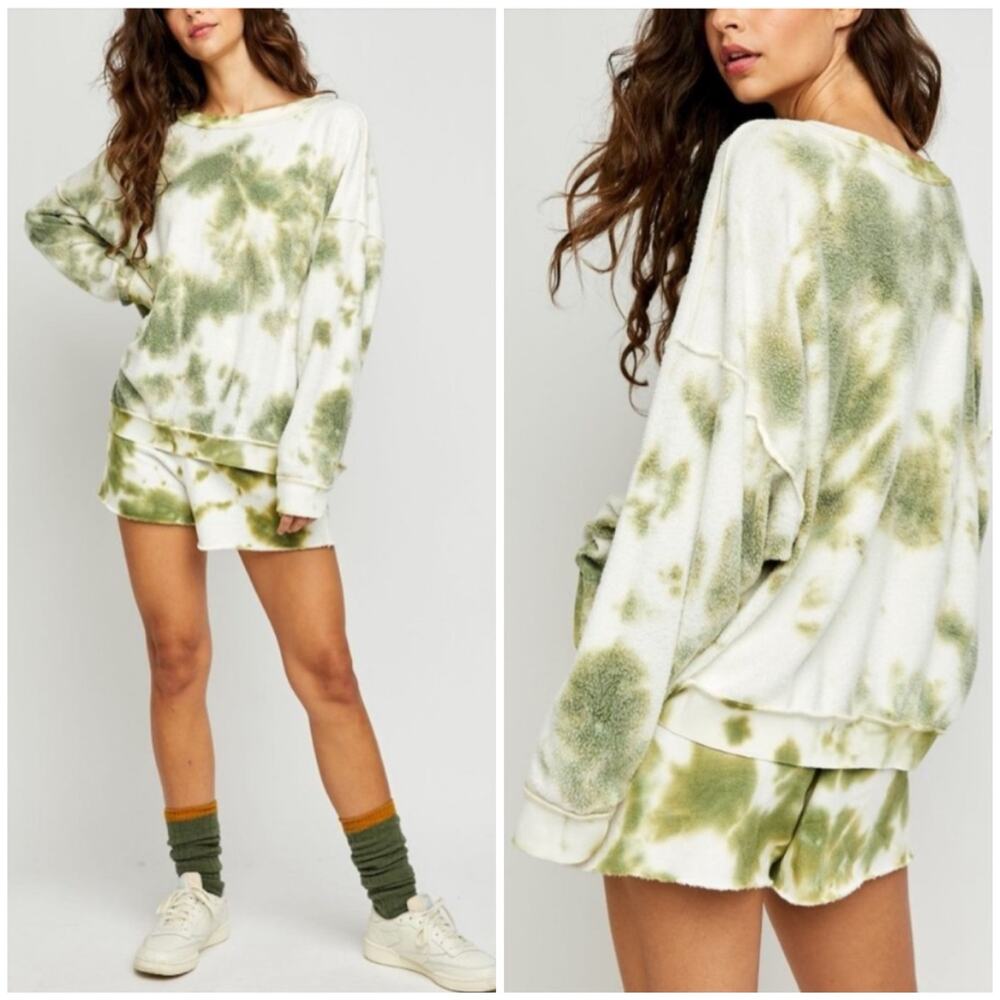 Free People Kelly Washed Tie Dye Set Sweatshirt Shorts Army Green Women's XS NWT - Picture 1 of 14
